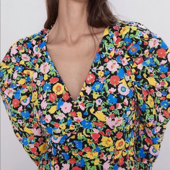 ZARA Floral Print Puff Sleeve Mini Dress - Picture 2 of 5